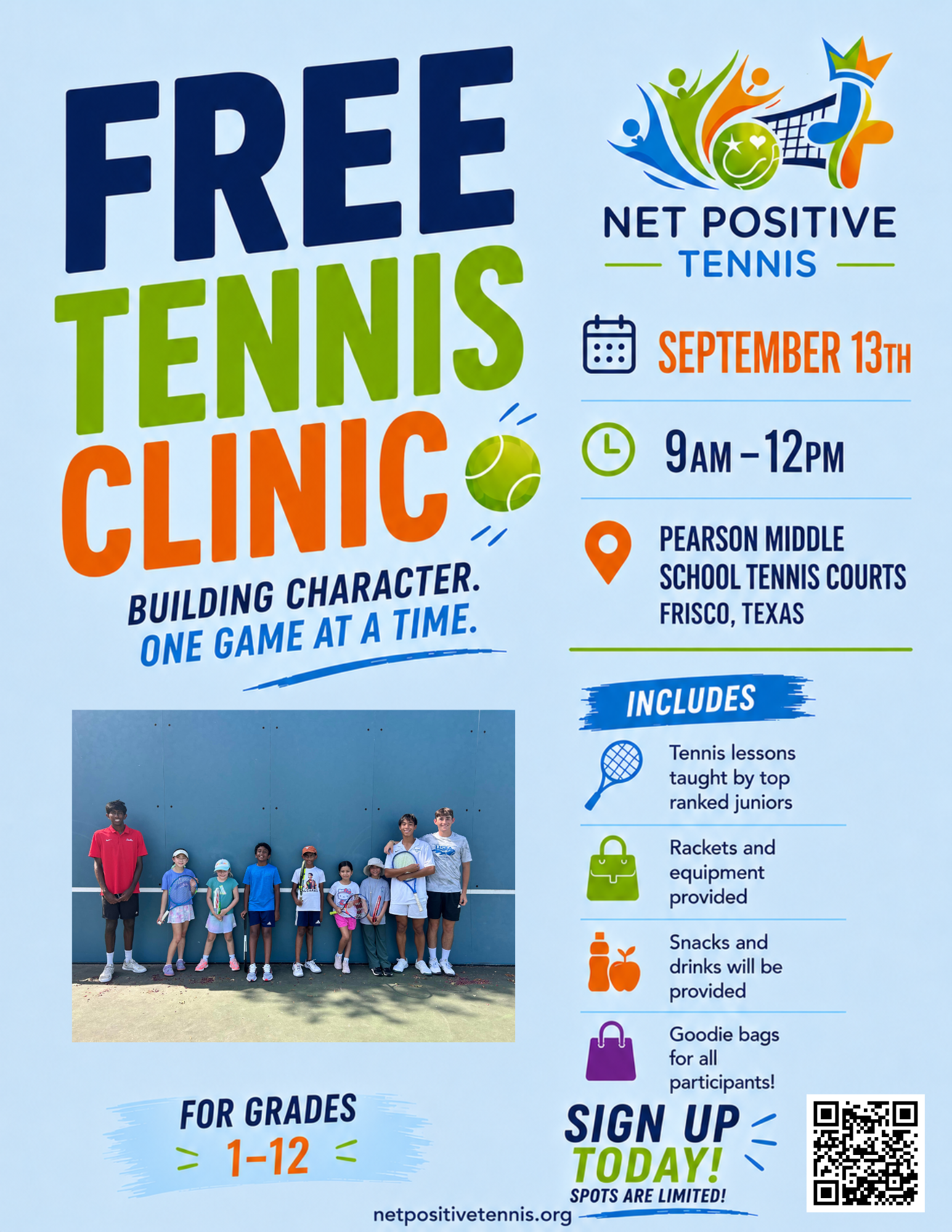 Net Positive Tennis August 15 clinic flyer